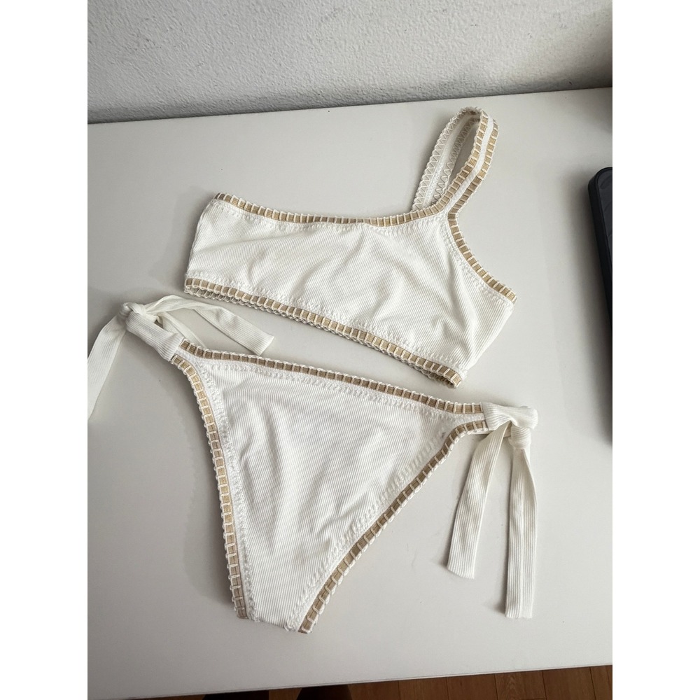 Platinum Swimwear Solange‎ Ferrarini Ribbed One Shoulder Bikini Set White Tan M